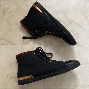 $985 Gucci Made in Italy GG Monogram Black Leather Canvas High Top Sneakers 5.5